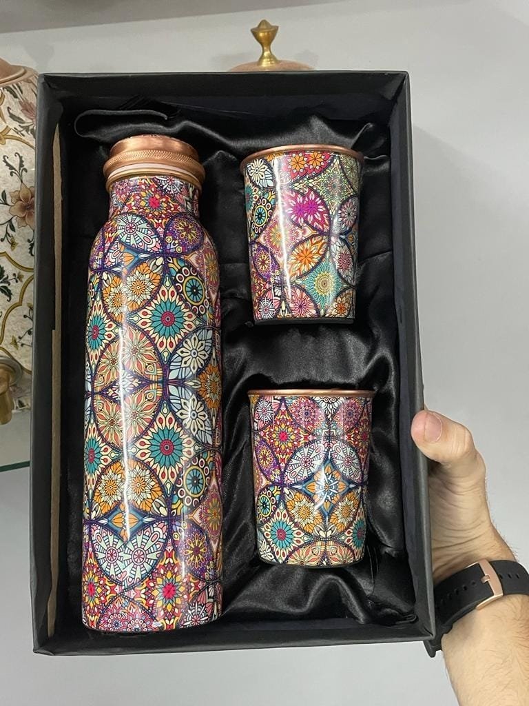 Floral Printed Copper Bottle Gift Set